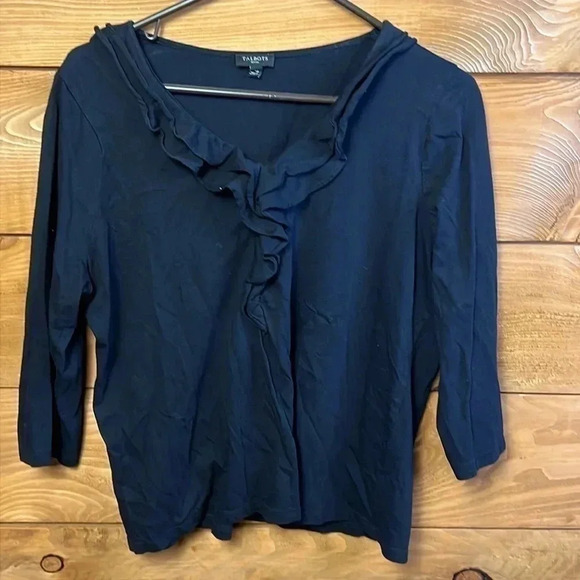 TALBOTS Womens top XLp Ruffled V-neck black long sleeve cotton modal party event - Picture 1 of 7